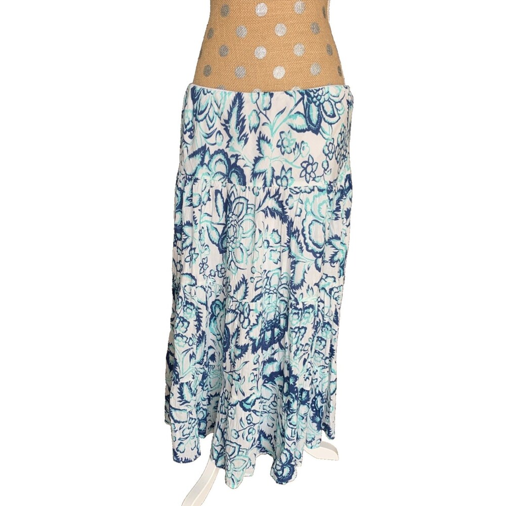 Chaps Women Floral Coastal Tiered Boho Maxi Skirt  Flowy Cottage Beach Large